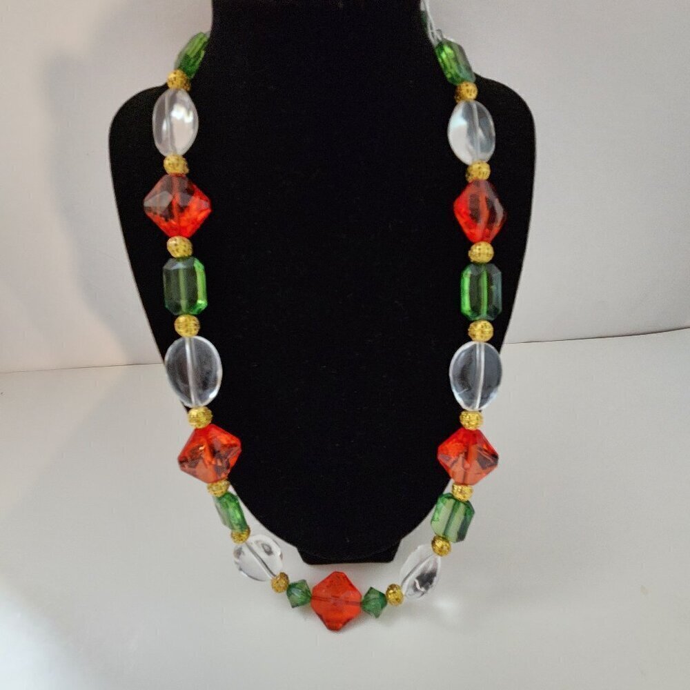 Hand Crafted Necklace Christmas Colors Beaded Red Green Clear Crystals and Gold